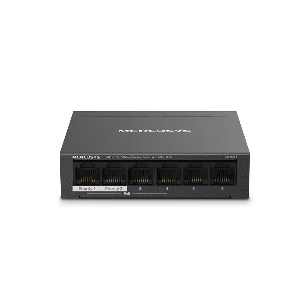 【Mercusys 水星】6埠 port10/100Mbps 桌上型4埠PoE+ 乙太網路交換器 金屬殼 隨插即用 switch hub(MS106LP)