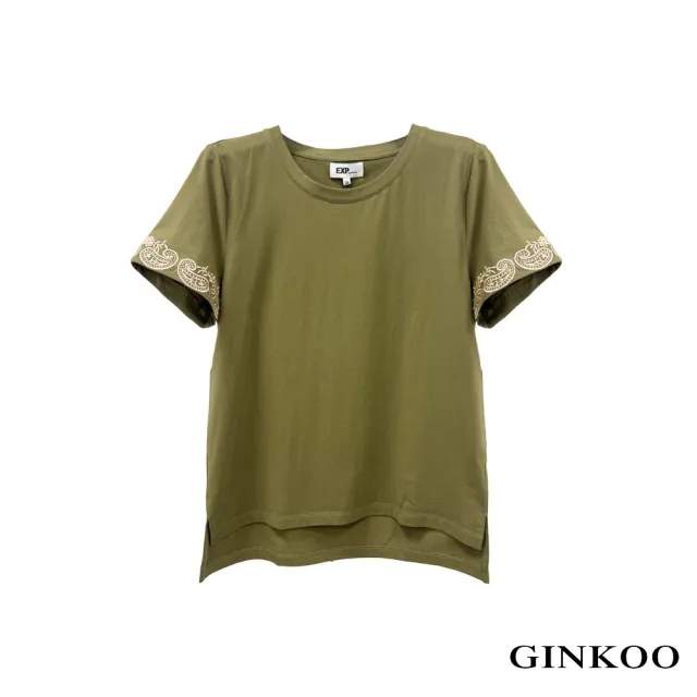 【GINKOO 俊克】袖口刺繡圓領短袖上衣