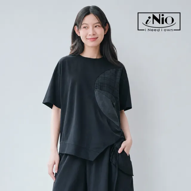 【iNio 衣著美學】不對稱下襬剪裁短袖上衣 女短袖上衣 拼接棉T 落肩上衣 圓領T恤 設計感上衣  CHW1102