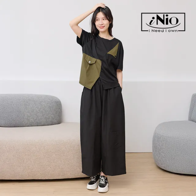 【iNio 衣著美學】寬褲管抽繩鬆緊腰闊腳寬褲 女寬褲 闊腿褲 鬆緊腰長褲 抽繩寬褲 顯瘦休閒褲  CHW2086