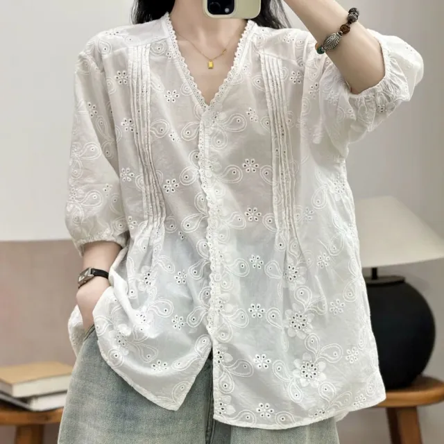 【MU YI YANG 慕衣洋】純棉蕾絲V領上衣