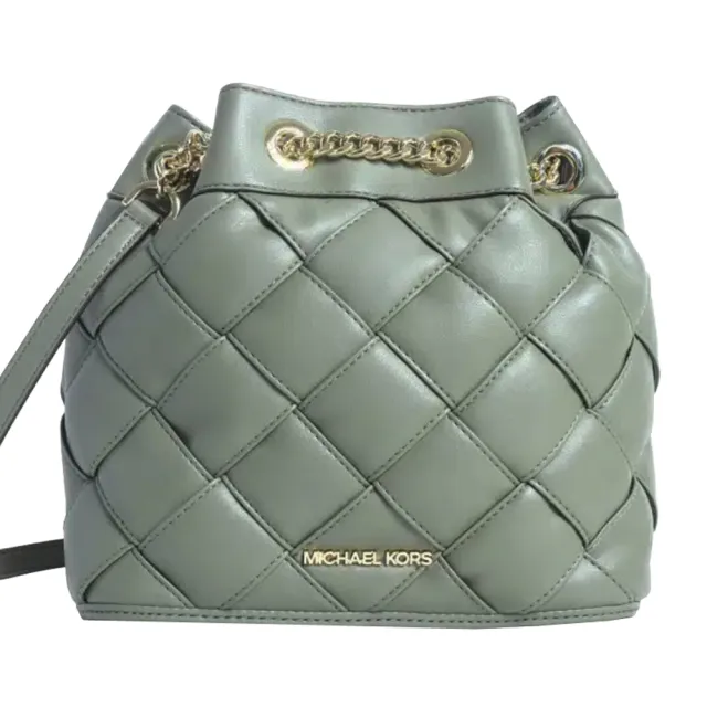 【Michael Kors】REGINA橄欖綠菱格編織合成皮小款水桶後背包