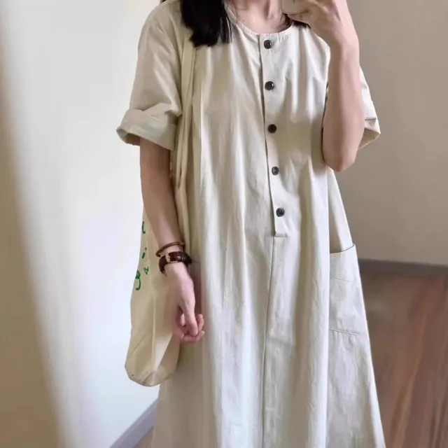 【ASister 小姊姊】現貨在庫★女裝｜洋裝☆中大尺碼圓領5釦大口袋棉麻連身裙(M-2XL)#AS2615