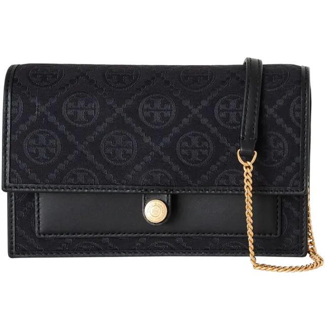 【TORY BURCH】專櫃款黑色織紋布滿版LOGO鏈帶WOC斜背包