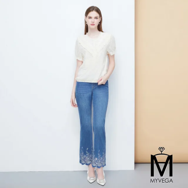 【MYVEGA 麥雪爾】MA棉質燙鑽花卉刺繡鬆緊腰直筒九分牛仔褲-藍(日系/丹寧/牛仔褲/寬褲/擴腿褲)
