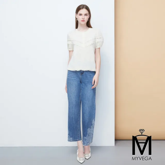 【MYVEGA 麥雪爾】MA燙鑽花卉刷色八分牛仔寬褲-藍(日系/丹寧/牛仔褲/女下著/寬褲/擴腿褲)