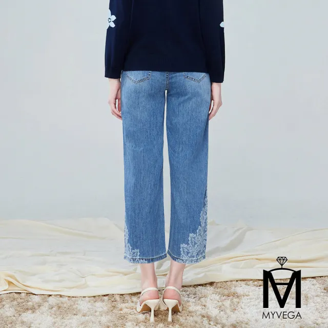 【MYVEGA 麥雪爾】MA燙鑽花卉刷色八分牛仔寬褲-藍(日系/丹寧/牛仔褲/女下著/寬褲/擴腿褲)