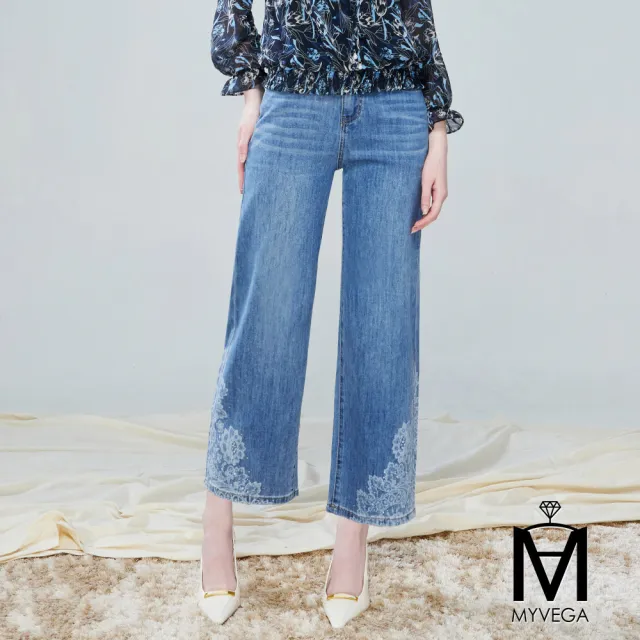 【MYVEGA 麥雪爾】MA燙鑽花卉刷色八分牛仔寬褲-藍(日系/丹寧/牛仔褲/女下著/寬褲/擴腿褲)