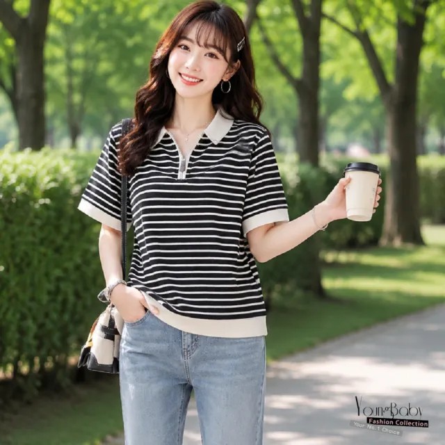 【YOUNGBABY】黑白條紋翻領半拉鍊Polo上衣 中大尺碼女裝