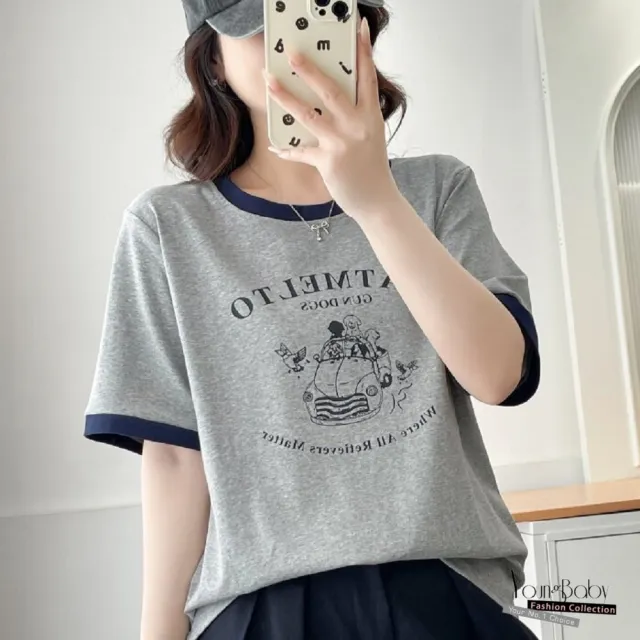 【YOUNGBABY】復古狗狗印花撞色滾邊圓領T恤 中大尺碼女裝