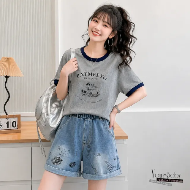 【YOUNGBABY】復古狗狗印花撞色滾邊圓領T恤 中大尺碼女裝
