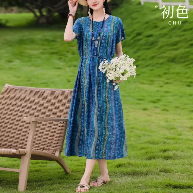 【初色】法式文藝風印花碎花幾何拼接寬鬆大碼收腰短袖A字裙中長裙連衣裙連身洋裝-共13色-52946(XL-4XL可選)