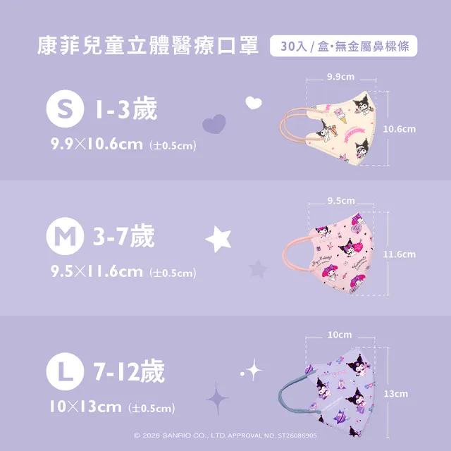 【COMFIZ 康菲】酷洛米 兒童3D立體醫療口罩_30入/共三盒(1-12歲適用/無鼻樑條)
