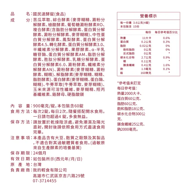 【營養師輕食】國民速酵錠5盒組(一盒60顆 消化酵素 分解澱粉油脂 苦瓜胜肽 江欣樺營養師)