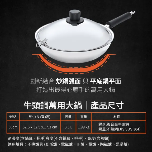 【Buffalo 牛頭牌】牛頭鋼萬用炒鍋30cm (IH.電磁爐亦適用/304不鏽鋼/平底鍋/炒鍋)
