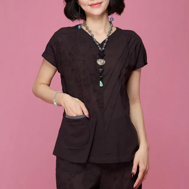 【古典美】63056 刺繡細褶顯瘦上衣