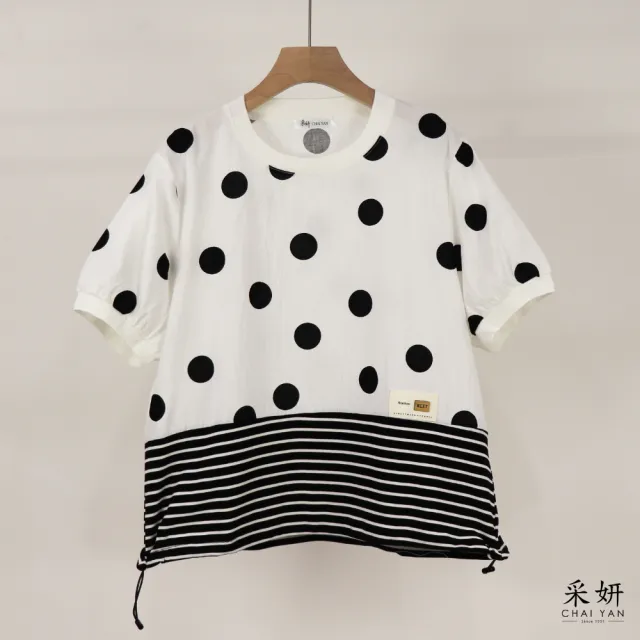 【CHAI YAN 采妍】波點條紋拼接短袖上衣(春夏女裝/中大尺碼/專櫃/寬鬆/透氣)