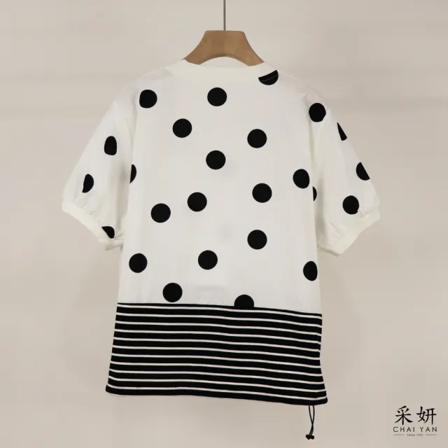 【CHAI YAN 采妍】波點條紋拼接短袖上衣(春夏女裝/中大尺碼/專櫃/寬鬆/透氣)
