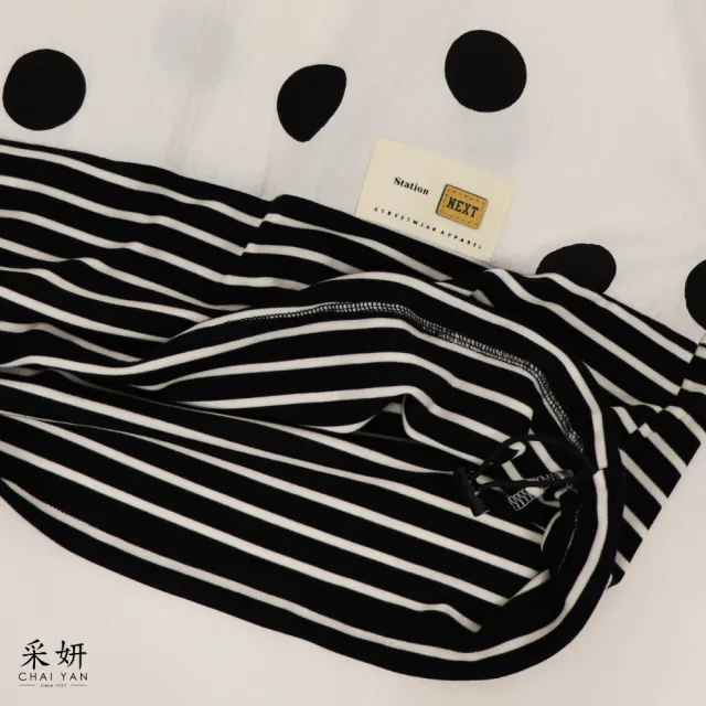 【CHAI YAN 采妍】波點條紋拼接短袖上衣(春夏女裝/中大尺碼/專櫃/寬鬆/透氣)