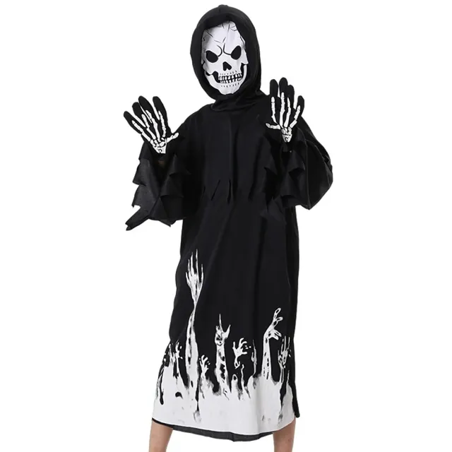 【橘魔法】地獄死神夜光骷髏人長袍 附手套（略有製作痕跡）男童 兒童 萬聖節 角色扮演 道具 表演 變裝