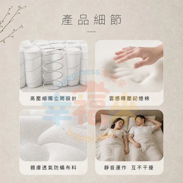 【happiness 幸福來】雙人-防蟎抗菌加大獨立筒床墊 5尺25公分（188*152*25） 軟硬適中｜透氣面料
