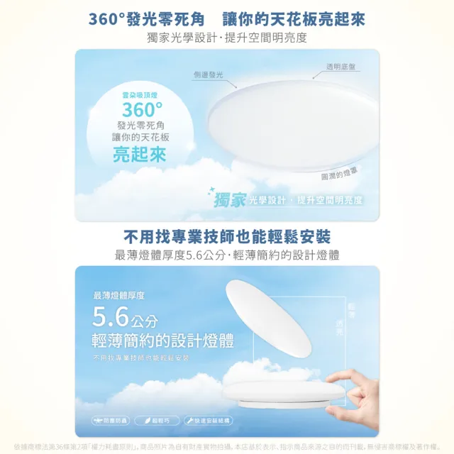 【DanceLight 舞光】1入 2026新版 LED 50W 雲朵 遙控吸頂燈 四段壁切 無極調光調色 全電壓(D-CEN50DM)