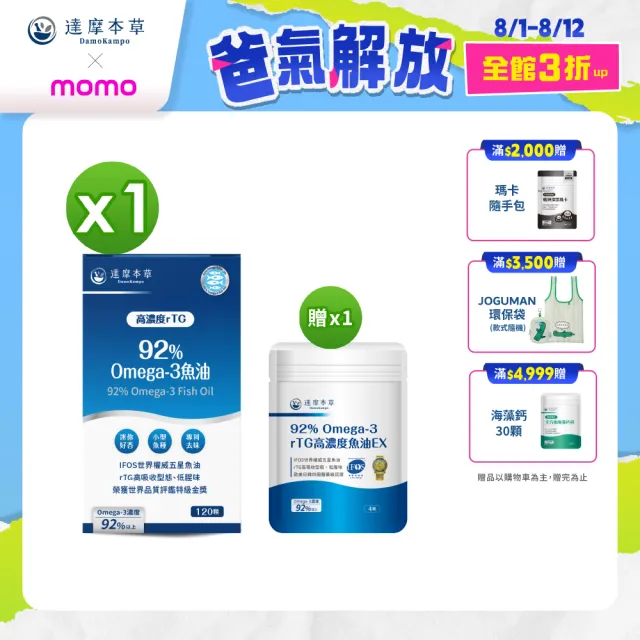 【達摩本草】92% Omega-3 rTG高濃度魚油EX 1入120顆/盒(醫生推薦、金質獎肯定)