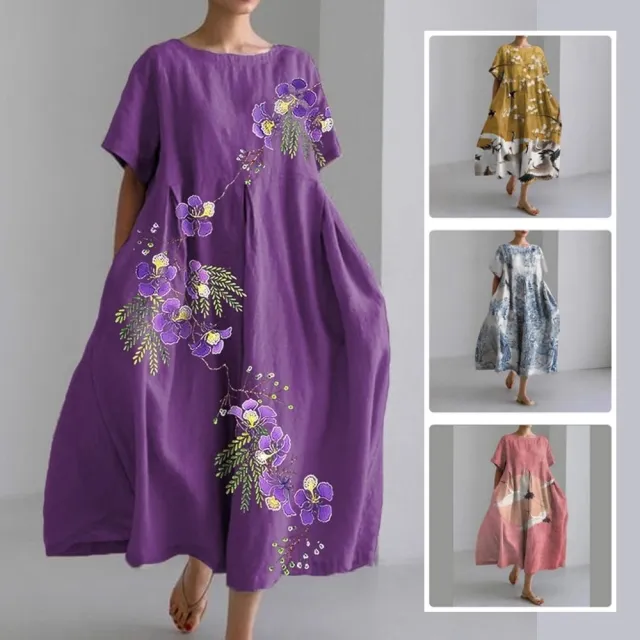 【巴黎精品】現貨+預購 連身裙短袖洋裝大尺碼女裝(圓領寬鬆網版娟印顯瘦長裙連衣裙女裙子15款b2a11 A)