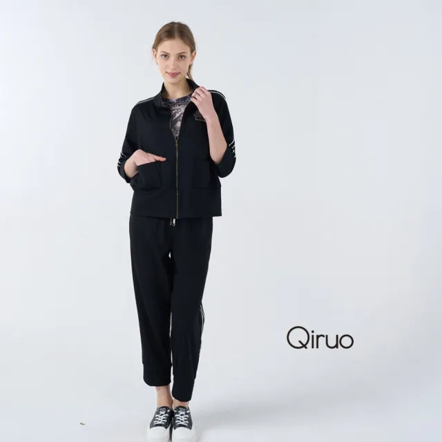【Qiruo 奇若名品】厚棉 鬆緊腰 側邊滾線條黑色休閒長褲4020C 