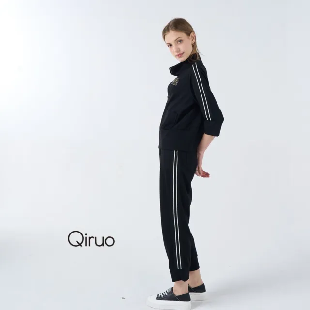 【Qiruo 奇若名品】厚棉 鬆緊腰 側邊滾線條黑色休閒長褲4020C 