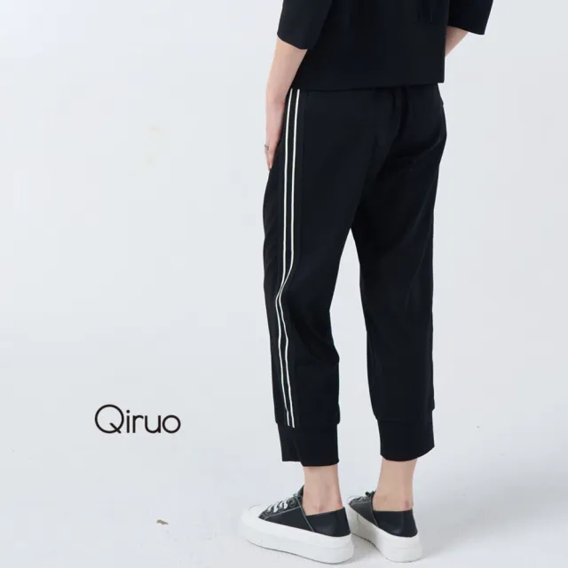 【Qiruo 奇若名品】厚棉 鬆緊腰 側邊滾線條黑色休閒長褲4020C