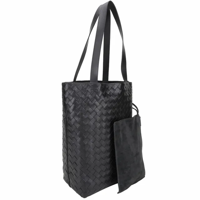 【BOTTEGA VENETA 寶緹嘉】BV Intrecciato 小牛皮編織直立式肩背托特包(附萬用包/黑色)