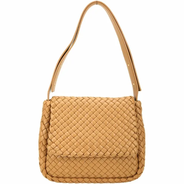 【BOTTEGA VENETA 寶緹嘉】BV Intrecciato 小羊皮編織 可調 肩斜背翻蓋包(焦糖棕)