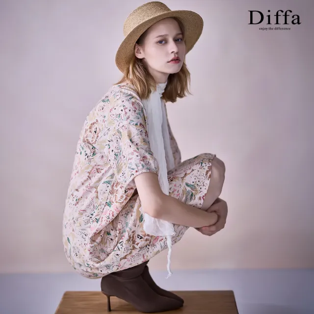 【Diffa】花卉速寫印花落肩短袖連身洋裝-女