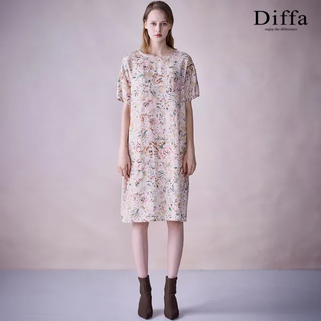 【Diffa】花卉速寫印花落肩短袖連身洋裝-女