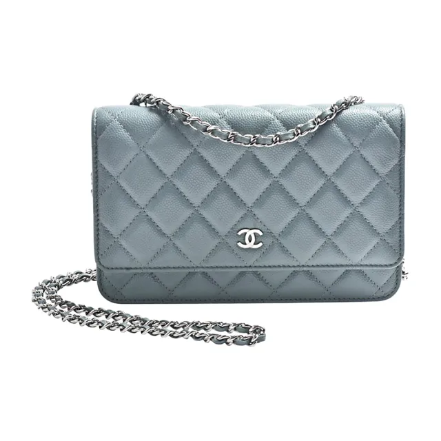 【CHANEL 香奈兒】經典雙C LOGO菱格粒紋牛皮銀鍊WOC斜背包(莫蘭迪胡藍色)