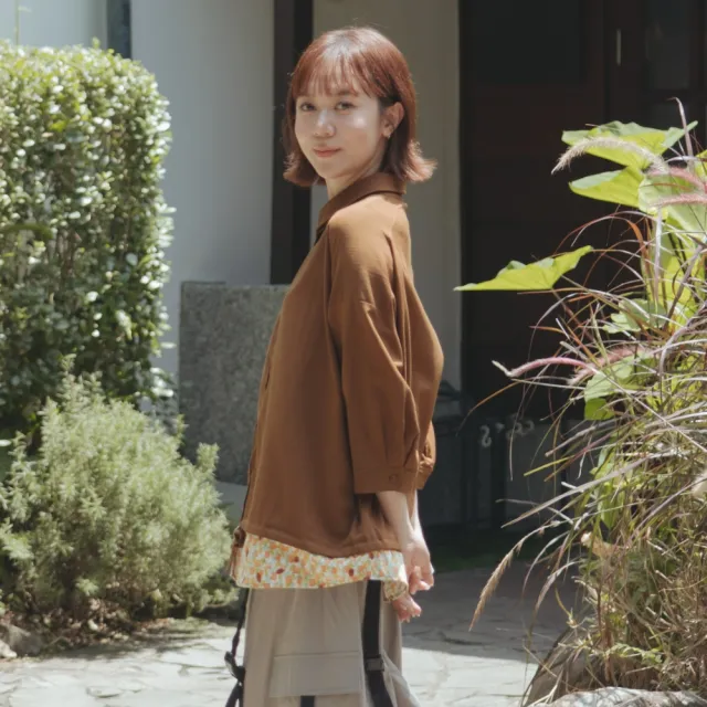 【MOSS CLUB】下擺印花拼接襯衫 藍 咖