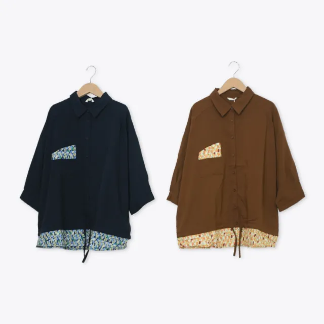 【MOSS CLUB】下擺印花拼接襯衫 藍 咖