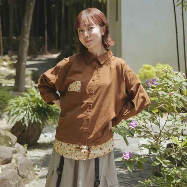 【MOSS CLUB】下擺印花拼接襯衫 藍 咖