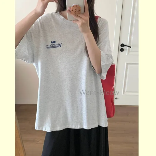【Want-Meow】90公斤可穿/寬鬆百搭餅乾文字T圖T圖案T恤圓領上衣大學T短袖T(大碼上衣/大碼/大尺碼/短袖上衣)