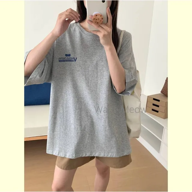 【Want-Meow】90公斤可穿/寬鬆百搭餅乾文字T圖T圖案T恤圓領上衣大學T短袖T(大碼上衣/大碼/大尺碼/短袖上衣)