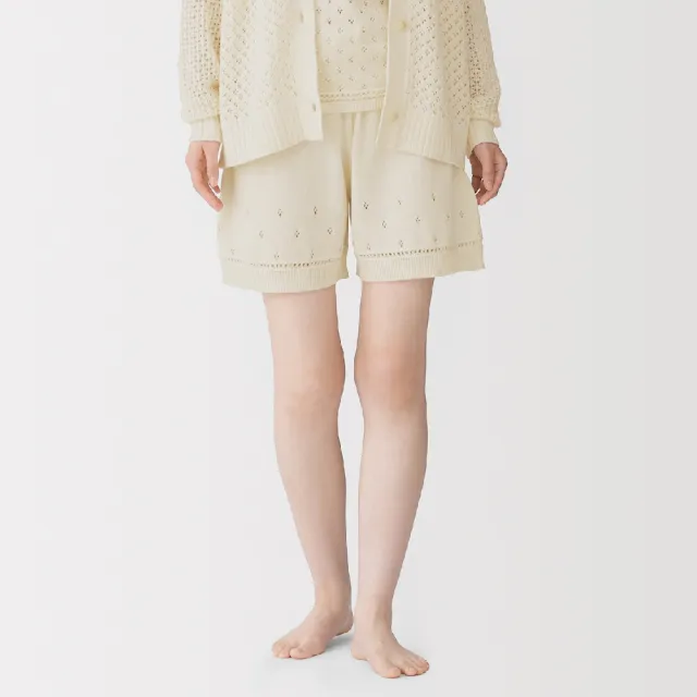 【MUJI 無印良品】女棉鏤空編織針織短褲(黑色/象牙白/淺綠/棕色)