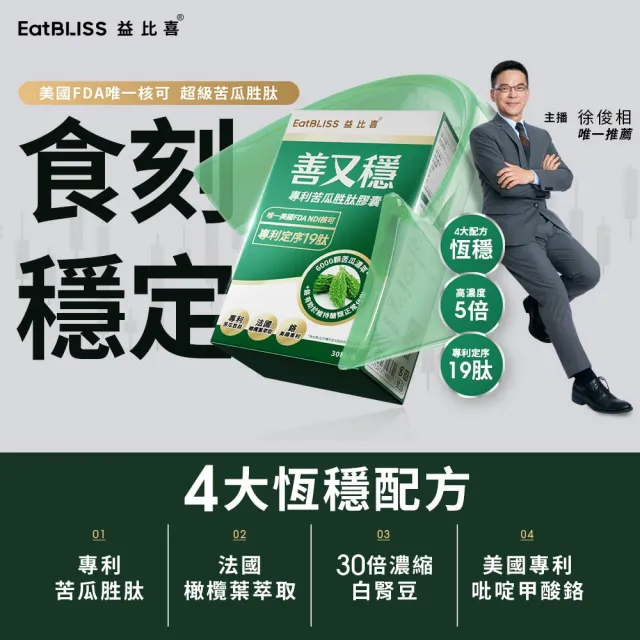【EatBLISS 益比喜】油殿雙殺組(健字號善又美草本膠囊*3不易形成體脂肪+善又穩苦瓜胜月太*1 定序19肽)