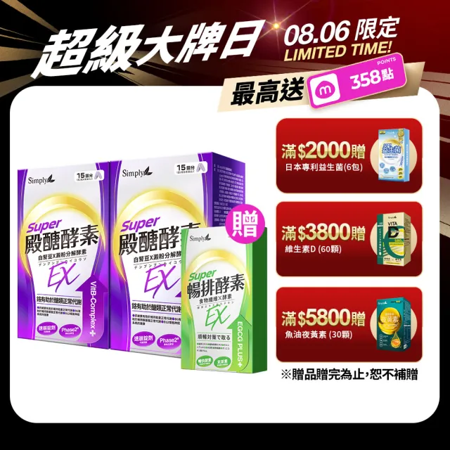 【Simply 新普利】殿醣酵素錠EX30錠(x2盒)(超越苦瓜.白腎豆.桑葉.紅椿植萃)