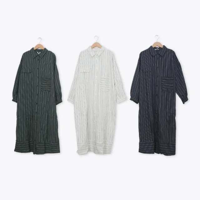 【MOSS CLUB】MOSS刺繡直條紋長版襯衫洋裝 藍 白 綠