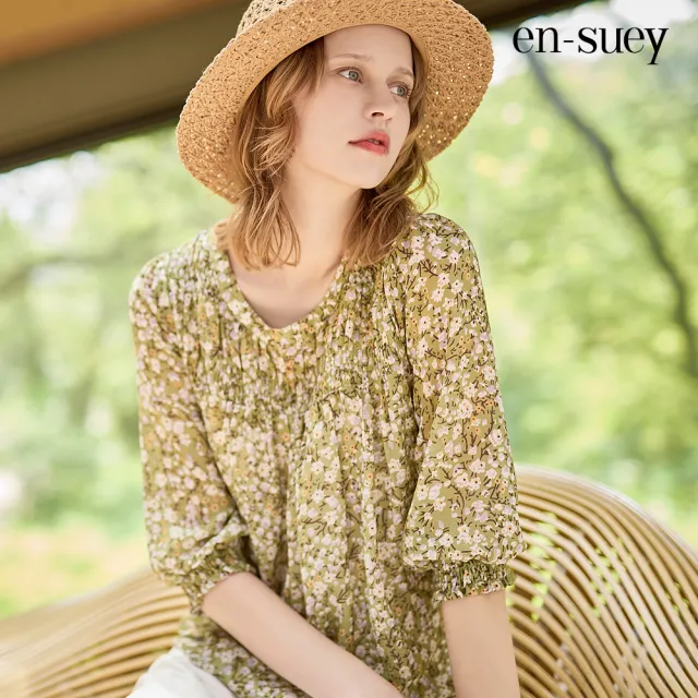 【en-suey 銀穗】圓領雪紡碎花七分袖上衣-女