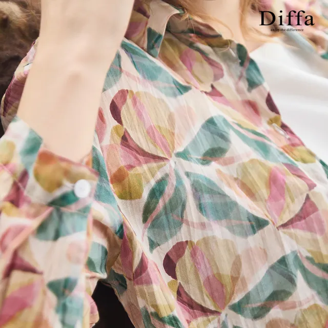【Diffa】卡綠花壓褶開襟上衣-女