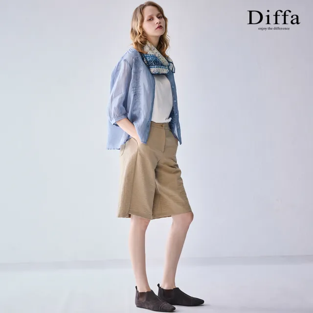 【Diffa】圓領花卉繡花七分袖上衣-女