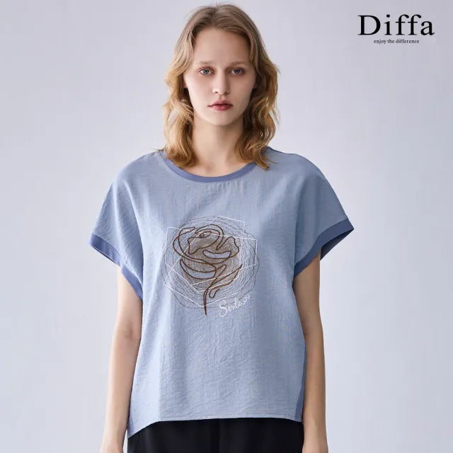 【Diffa】Senteur玫瑰印花異素材拼接連袖針織衫-女