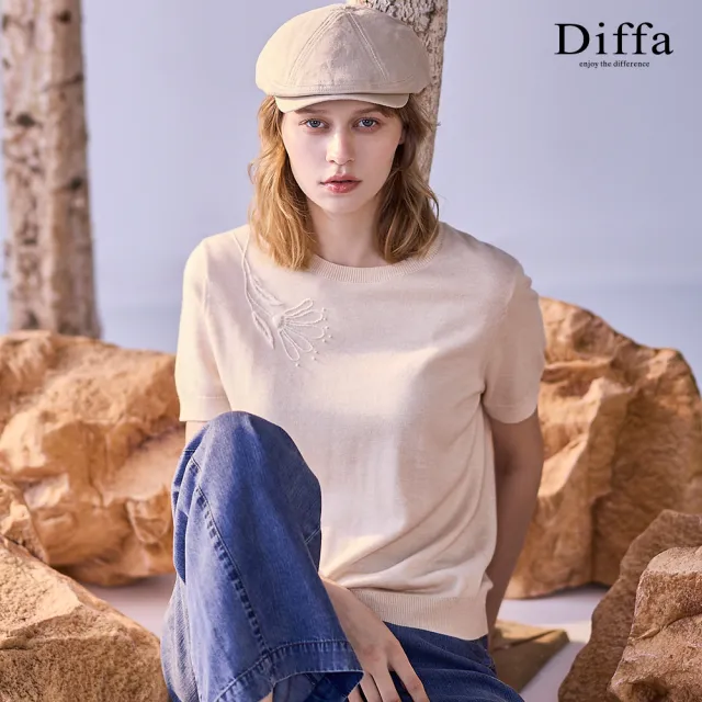 【Diffa】肩繡花短袖線衫-女